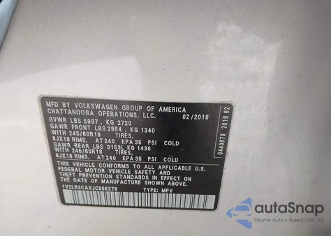 2018 Volkswagen Atlas 3.6L V6 Se/3.6L V6 Se W/Technology из США, поврежденный, VIN 1V2LR2CAXJC555278